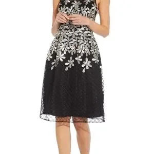 Adrianna Papell Embroidered Fit-And-Flare Women's Dress Black : 6